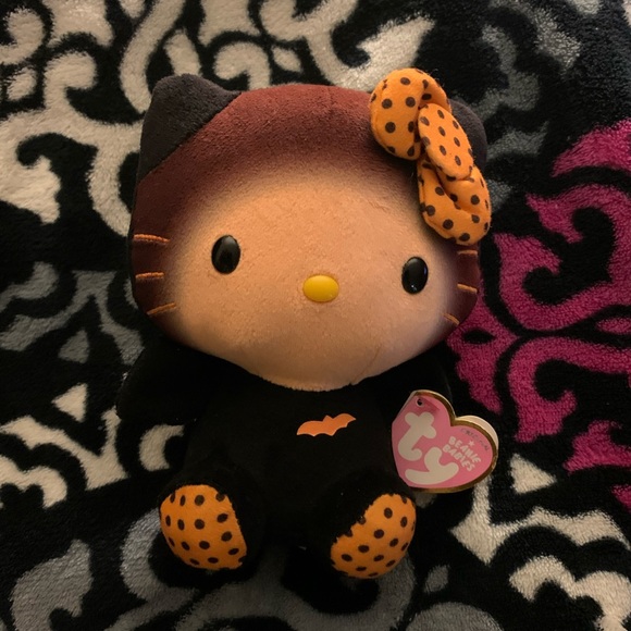 TY Hello Kitty Halloween Beanie Baby Black and Orange Bat Plush - Picture 1 of 5